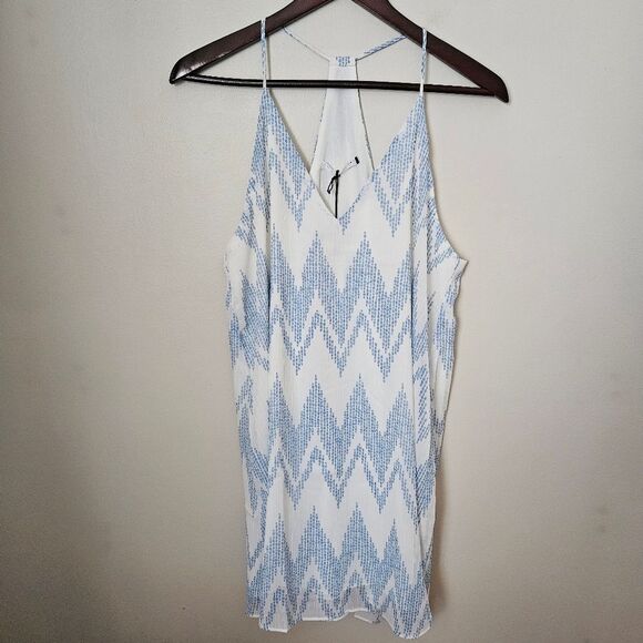 Three Eighty Two Dress Tanner Slip White Blue Chevron Dot Print Mini Cocktail - Picture 1 of 12